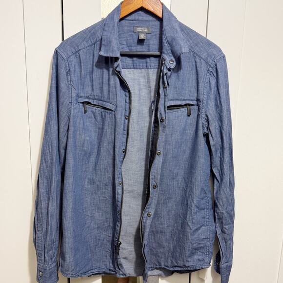 Kenneth Cole Reaction Denim Chambray Shirt Men’s Large Zip Pocket Casual - Picture 2 of 13